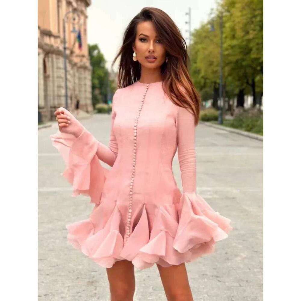 Elegant Single Breasted Ruffles Mini Dress Women Chic Flared Sleeve High Waist O-neck Vestidos 2025 Lady Party Gowns New