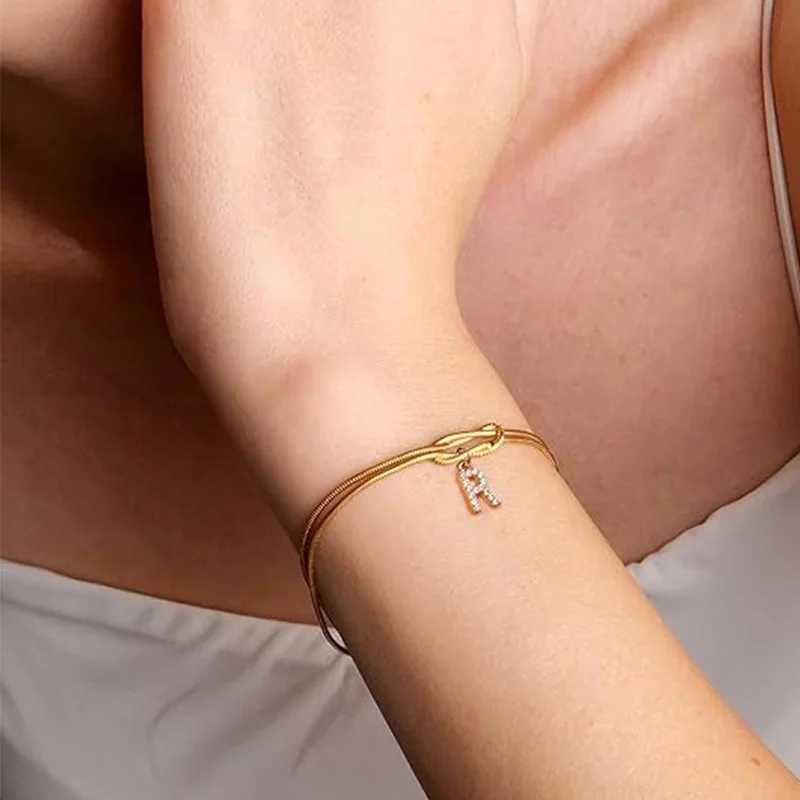 Letter A-Z Love Knot Bracelets for Women Couple 18K Gold Plated Dainty Snake Chain Charm Bracelet Stainless Steel Jewelry Gift W250526