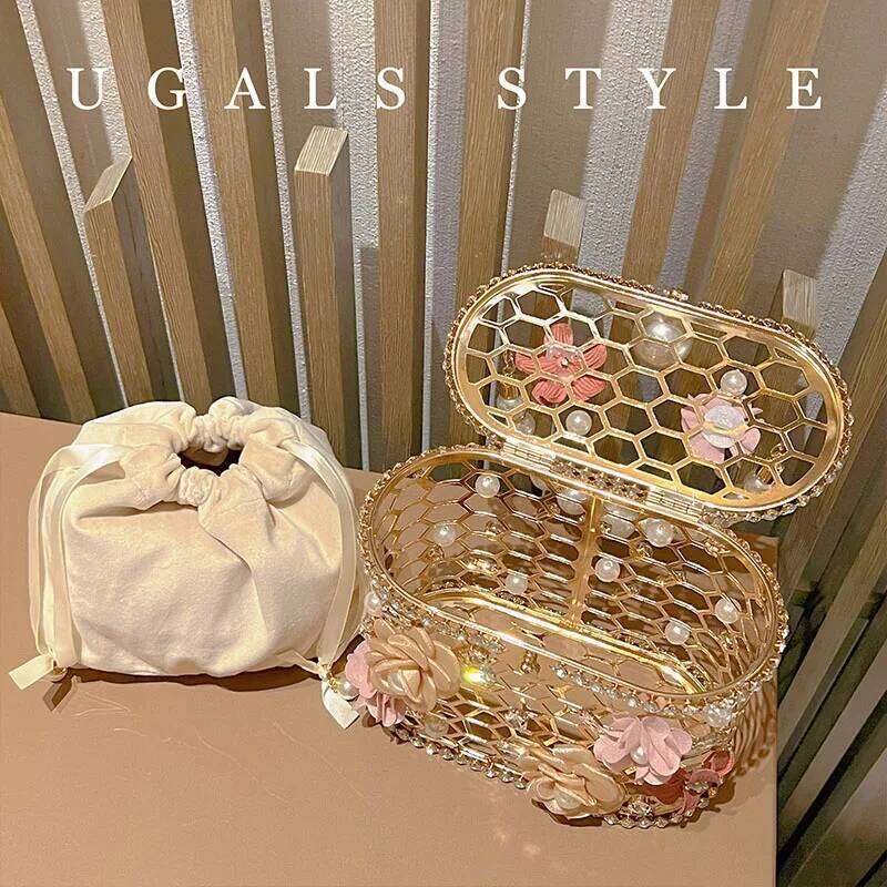 Hollowout Pearl Beaded Metallic Cage Women Handbag Rhinestone Dia Evening Wedding Party Clutch Purse Shoulder Bag