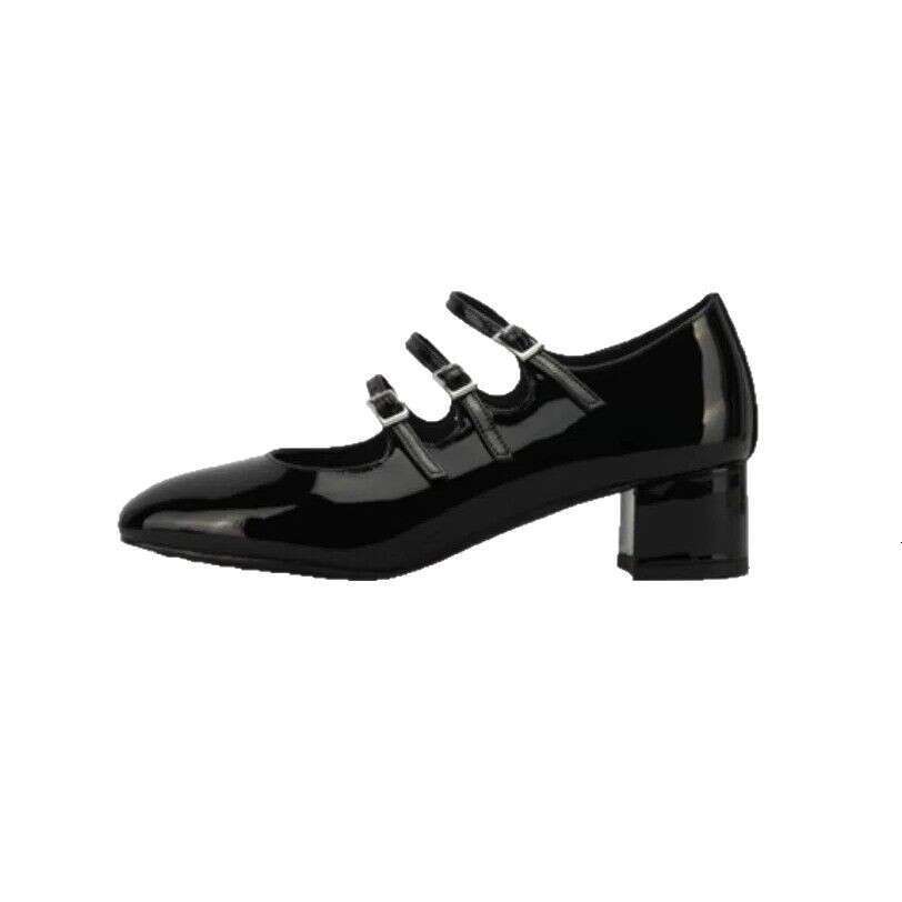 Three Buckles ~ Mary Jane for Women French Style Red Chunky Wedding High Heels Mid Heel Patent Leather Single Shoes