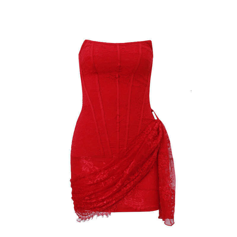 2025 Autumn New Women's Sexy Lace Mesh Off-Shoulder Tube Top Slightly Sheer Slim Fit Dress