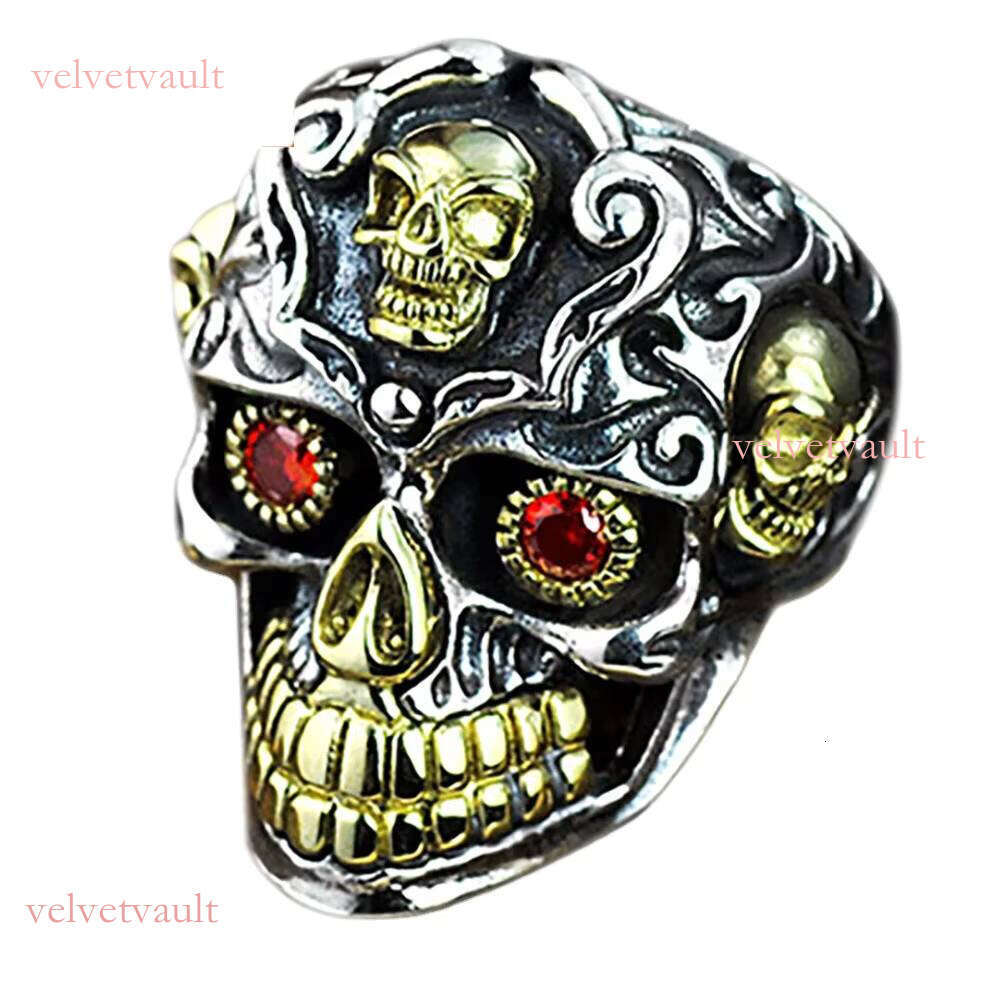 Sier Jewelry Gothic Inlaid Natural Garnent Stone Mens Skull Rings