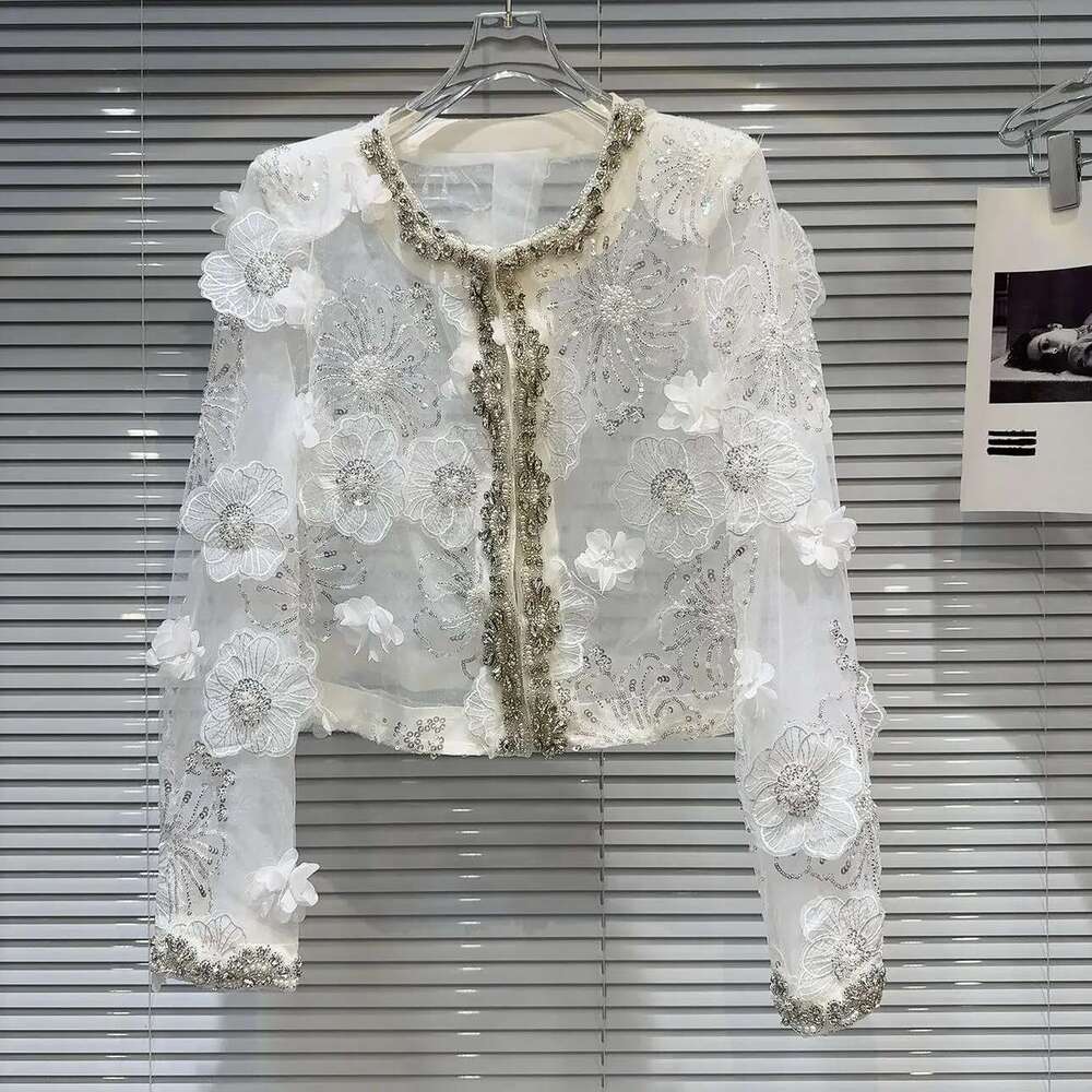 Women 3D Flowers Mesh Spliced Pearls Beaded Coat Sun Protection Thin Floral Embroidery Sequins Gauze Jacket Cardigan Tops