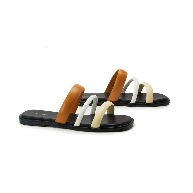Cowhide Version ~ Flat One-Strap for Women Summer 2025 New Color-Block Square Toe Internet Celebrity Vacation Beach Sandals