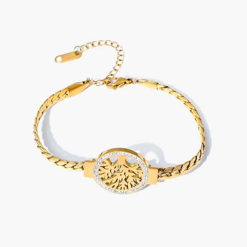 GANEMLY 316L Stainless Steel Tree of Life Bracelet for Women Fashion 18K Gold Plated Wrist Chain Waterproof Jewelry Lady Gift W250526