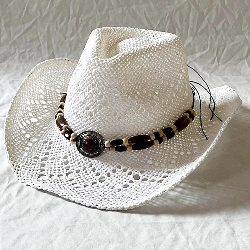 Ethnic Style Gemstone Beaded Cowboy Straw Hat Men Women Summer Sunshade Sunscreen Hat Hollow Breathable n Tibetan Straw Hat 250526