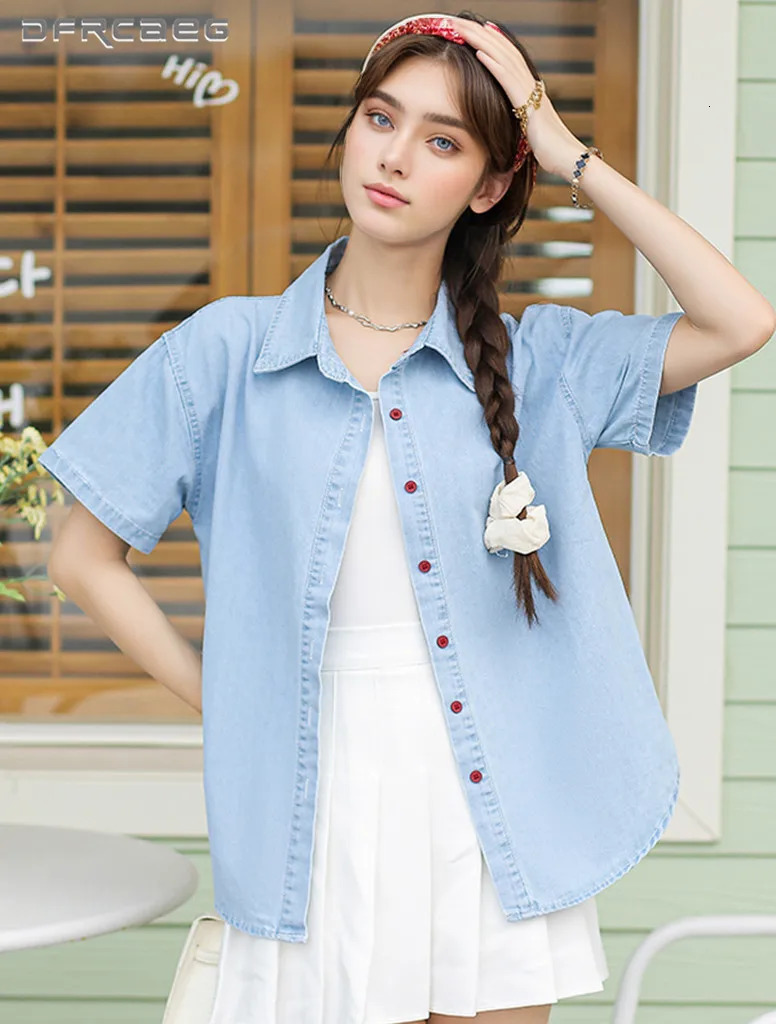 Light Blue Embroidered Love Women Jean Shirt Clothes Summer Loose Streetwear Short Sleeve Chic Denim Shirts Tops Lady 250523