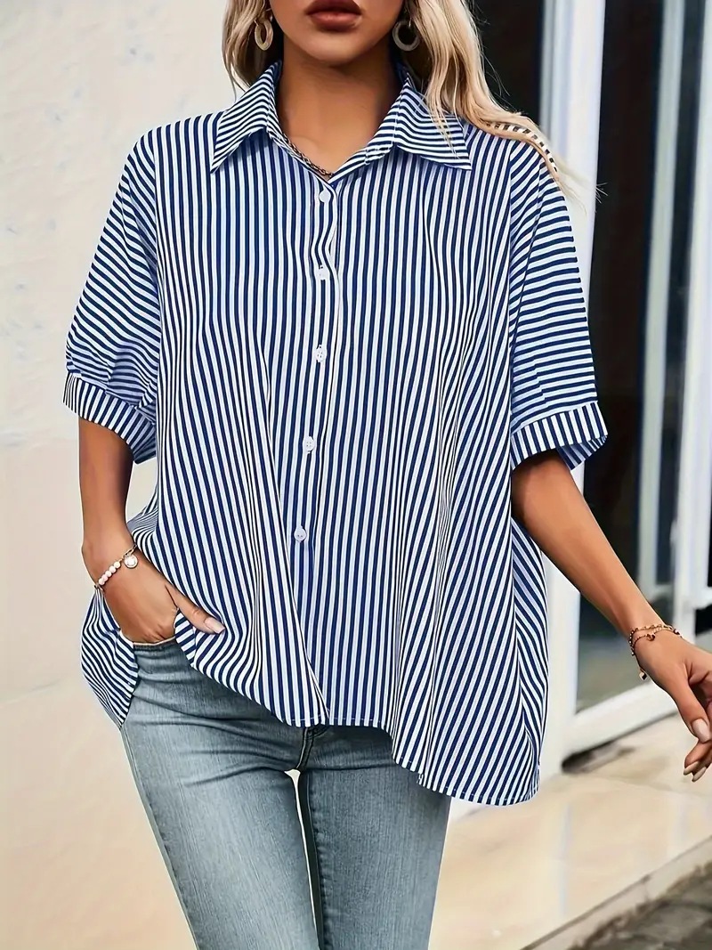 Women's striped shirt, summer fashion, loose five quarter sleeves