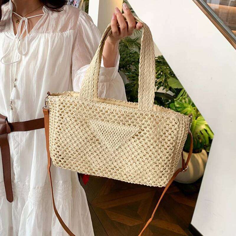 Women's Bags Designer Handmade Hollow Out Straw Women Shoulder Bags Designer Zipper Woven Lady Handbag Casual High Quality Summer Large Beach Bag