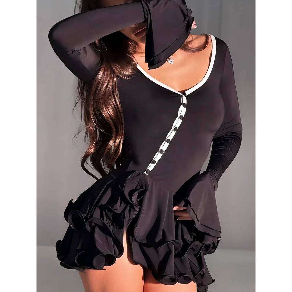 Absobe Women's A-Line Bodycon Mini Ruffle Hem V-Neck Asymmetrical Buttons Long Sleeve Short Dress Party Streetwear Outfits