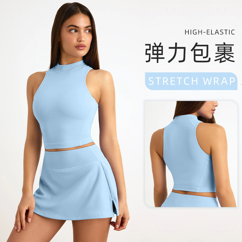 Seam Wear Summer Sports Fitness Quick-Dry Sleeveless Tank Top A-Line Skirt Yoga Set