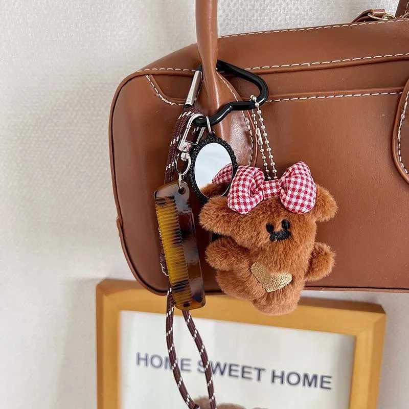 Cartoon Plush Bear Mirror Comb Keychains For Women Y2k Bag Pendant Couple Car Key Chains Jewelry Gift Decoration Accessories W250526