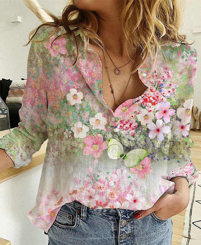 Women's Fashion Gradient Color Printed Women's Shirt Loose Long Sleeve Cardigan Shirt Women's