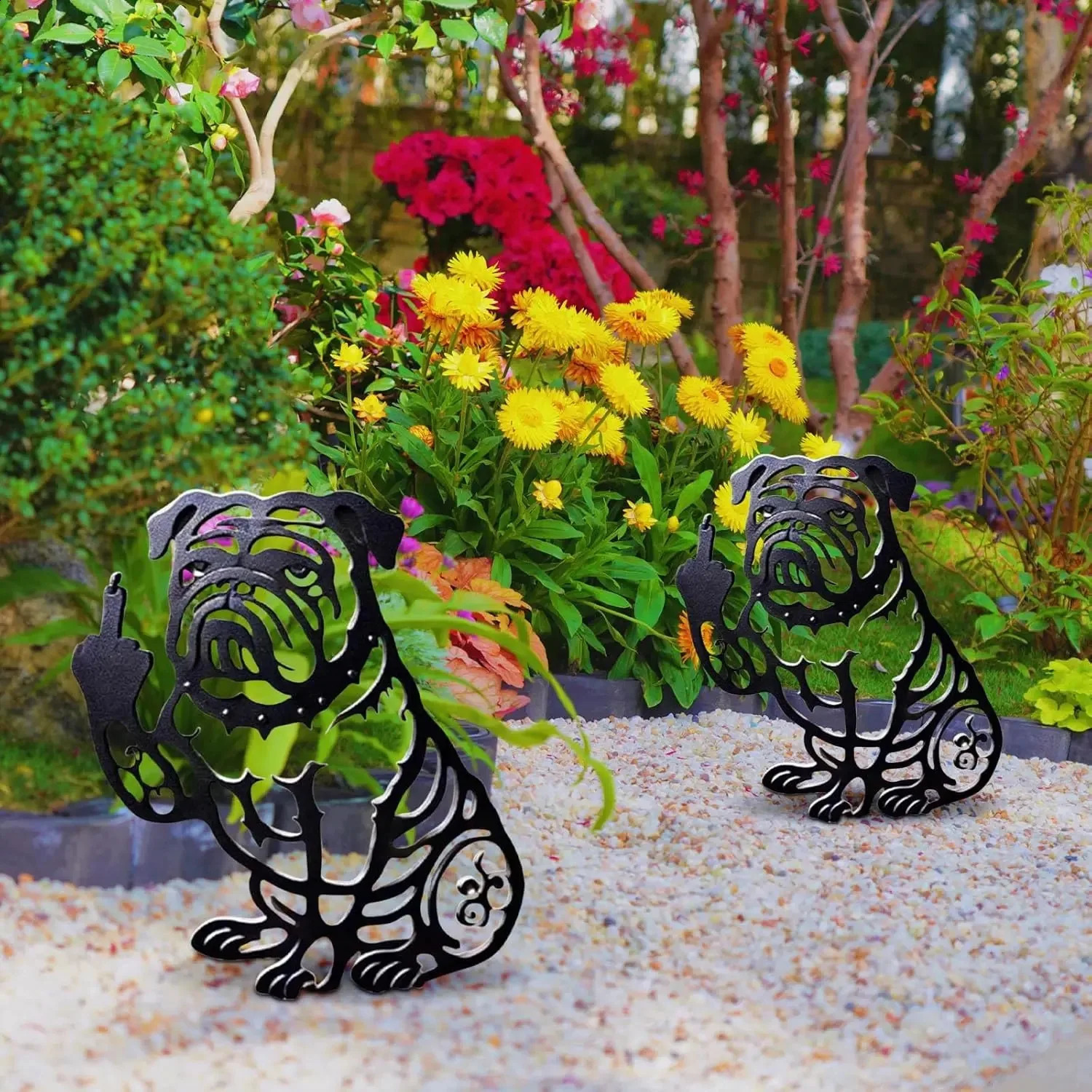 Funny Bulldog Metal Garden Decor French Middle Finger Bulldogs - Metal Dog Cutout Statues Welcome Sign for Yard Ornaments Lawn 250523