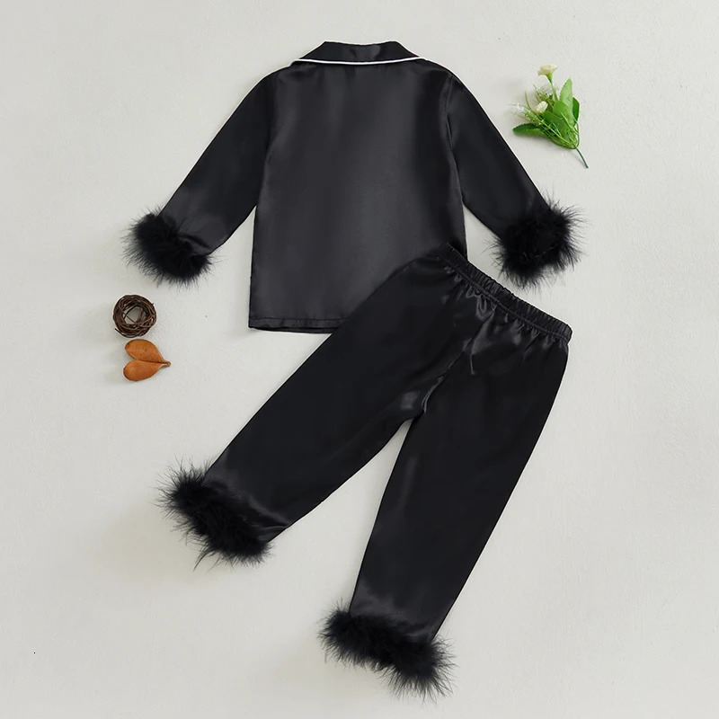 Children Kids Baby Girls Satin Pajamas Set Sleepwear Pijama Solid Feather Trim Long Sleeve Shirts Pants Loungewear 250527