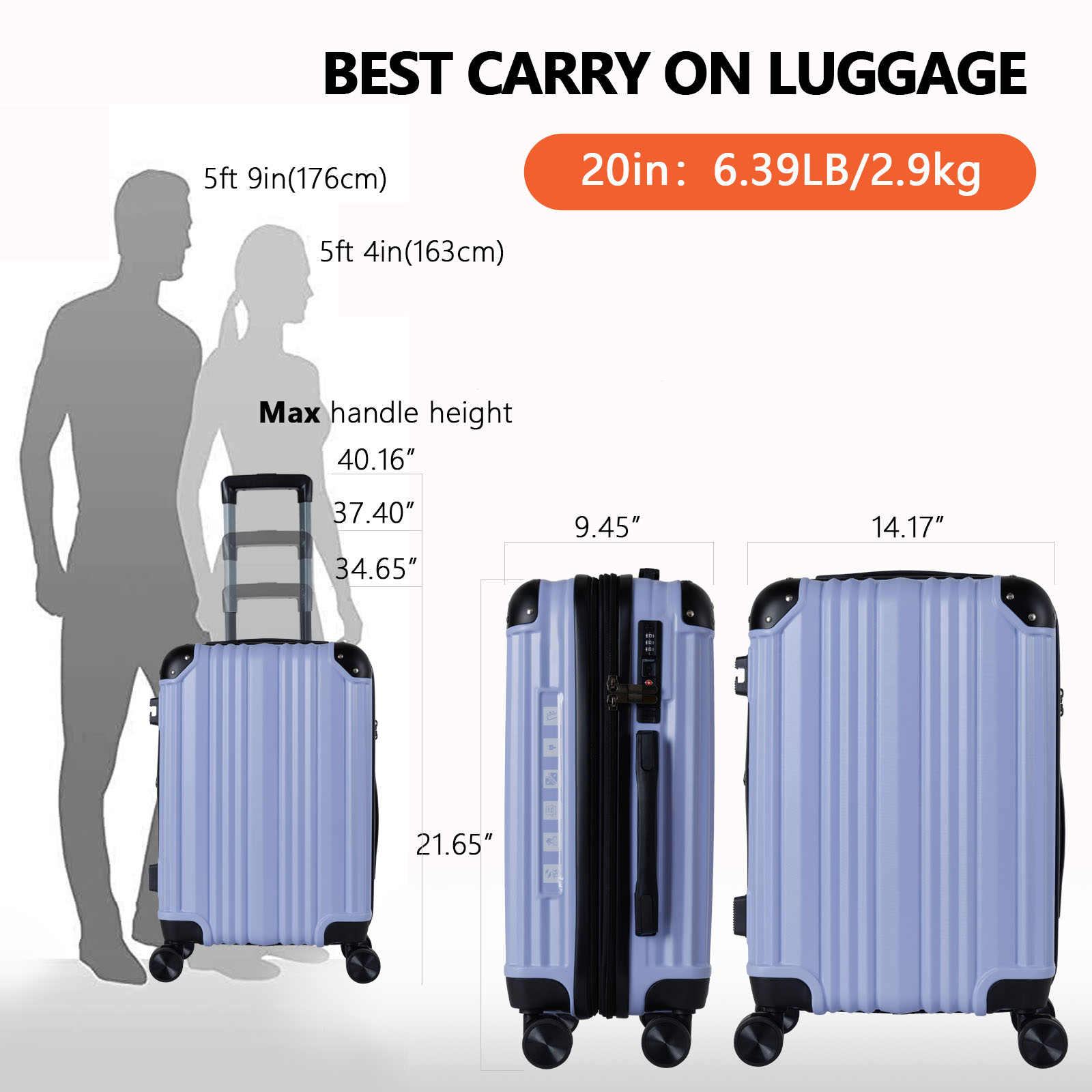 20 Inch Expandable Carry On Suitcase with TSA Lock - Purple ABS Luggage for Personal Travel & Business Trips, Durable Corner Protector