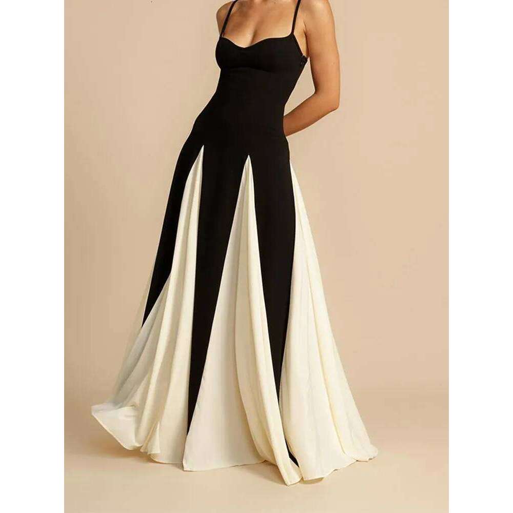 Fashion Contrast Women's V-neck Sling Long Dress For Women Elegant Pleated Backless Sleveless Maxi Dresses Lady Evening Vestidos