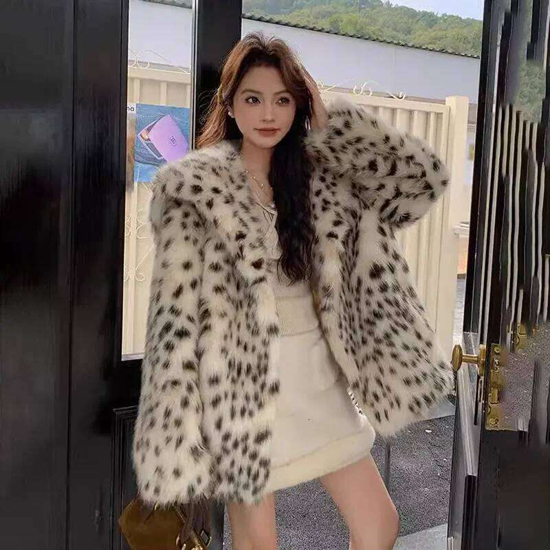 Thicke Jacket Women's Outwear Autumn Winter New Eco-Friendly Faux Fox Leopard Print Lapel Fur Coat