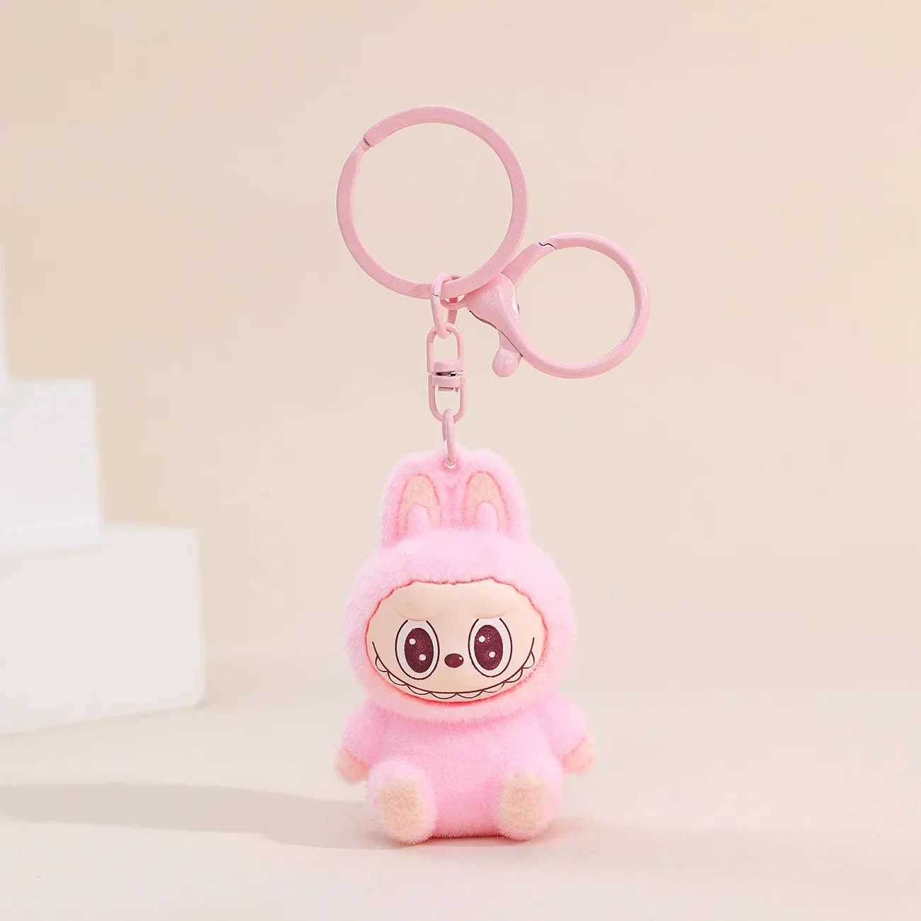 Sitting Labubu Doll Keychain External Implantation Fluff Pvc Toy Phone Ornaments Bag Charms Car Key W250526