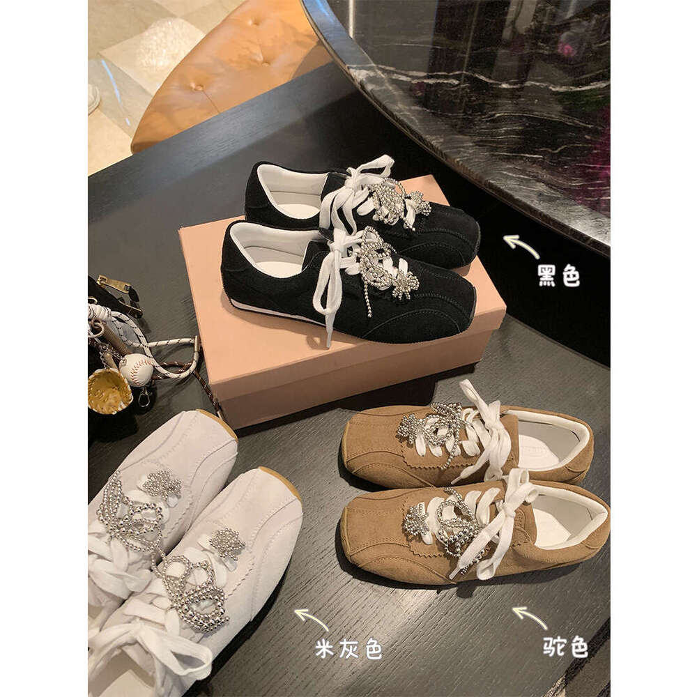 Cowhide Version Su Yinyin Same Style Square Toe Pearl Butterfly Shoelace Casual Sports German Training Women's Agan Shoes