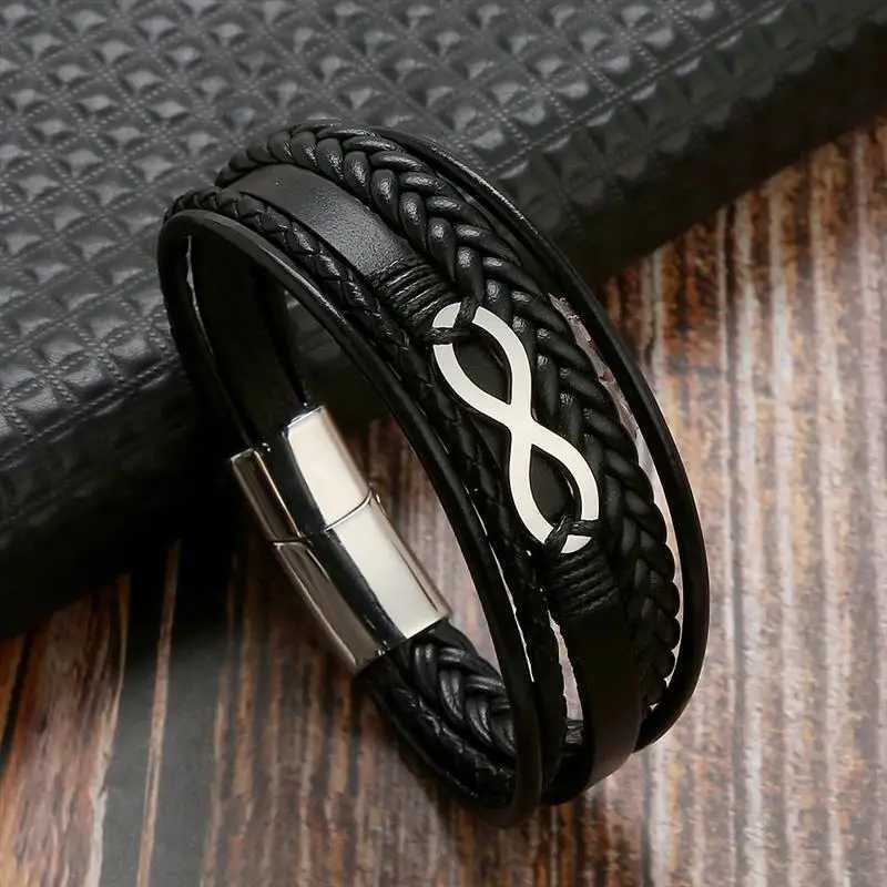 Infinity Symbol Charm Multi-Layer Leather Bracelet for Men Stainless Steel Punk Male Bangle Jewelry Gift W250526