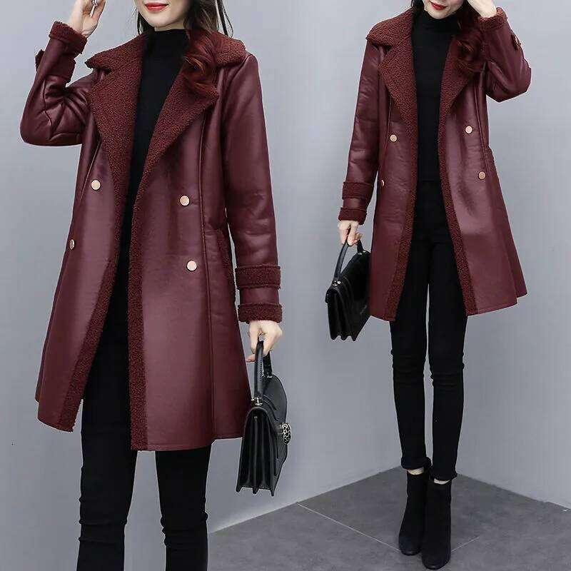2025 Autumn Winter Jacket New Women's Fur One PU Leather Coats Loose Ladies Outwear With Thicker Overcoat Female Tops