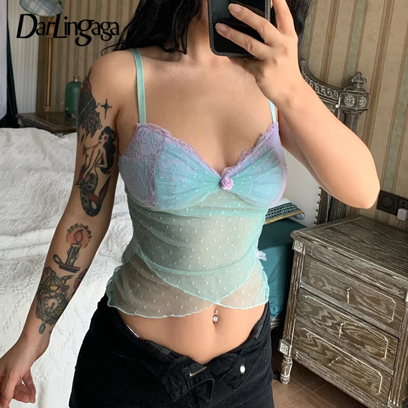 Darlingaga Y2K Frill Lace Trim Strap Mesh Top Camisole Retro Fashion Sexy Summer Crop Tops Female See Through Aesthetic Clothes 250523