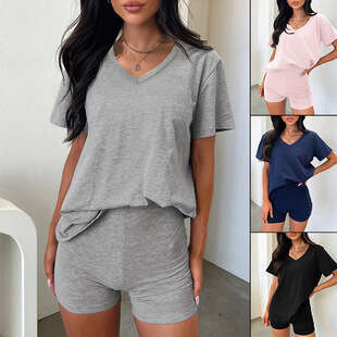 2025 Summer Solid Color Short Sleeve Set Women's Fashion V-neck Casual Style Hot Sale Simple Design