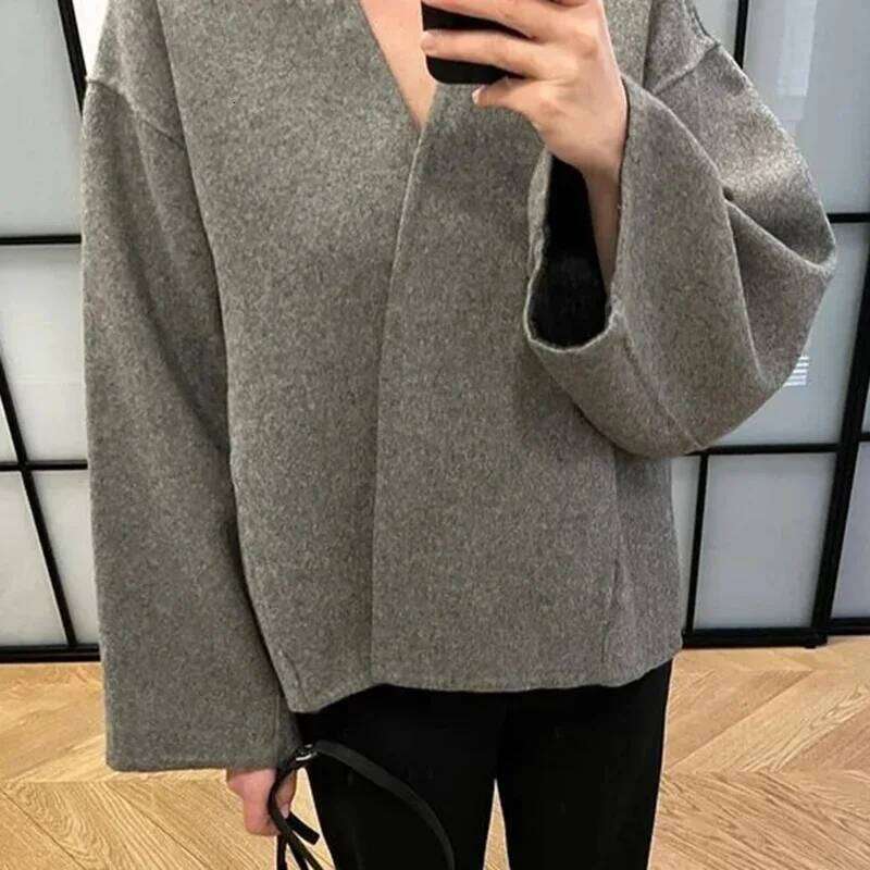 Tweed Jackets For Women Vintage V Neck Oversize Coats Autumn Winter 2024 Fashion Single Button Crop Jacket Casual Elegant Coat