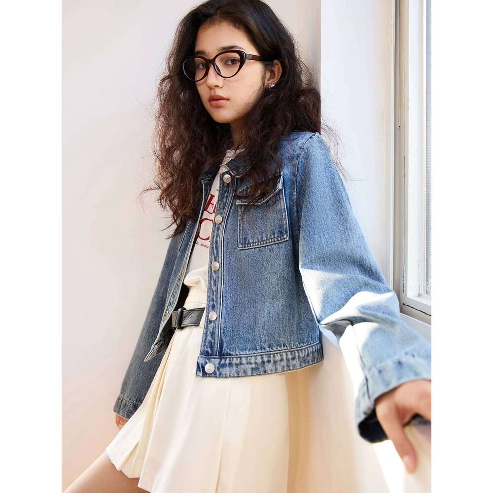 ZIQIAO Petite Size Retro Shoulder Short Denim 2025 Spring Outfit New Style Temperament Jacket Casual Loose Top 25Zq91041