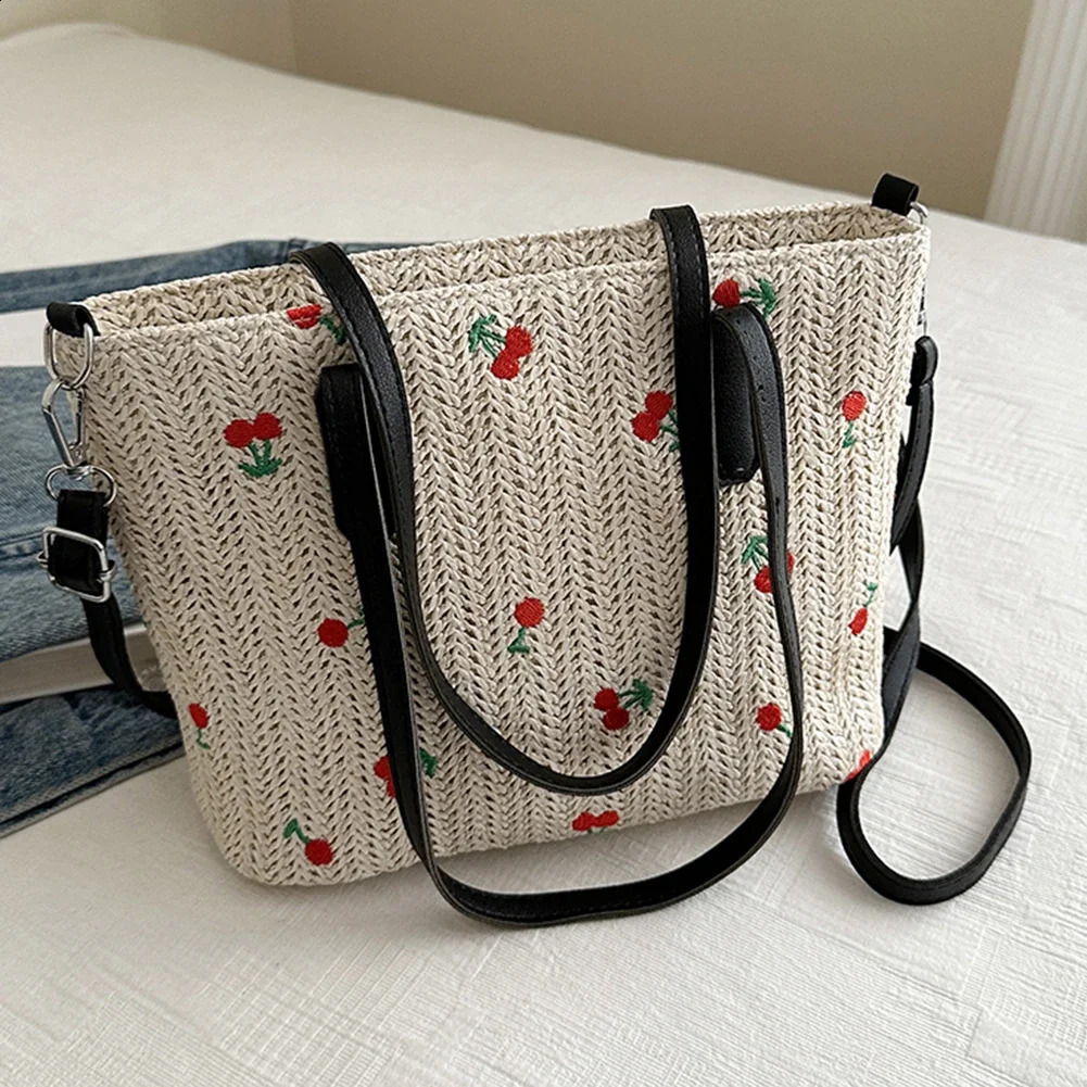 Cherry Straw Woven Tote Bag for Women Summer Beach Raffia Shoulder Bag Rattan tote Handbag Purses Stylish Shopper Crossbody Bag 250428