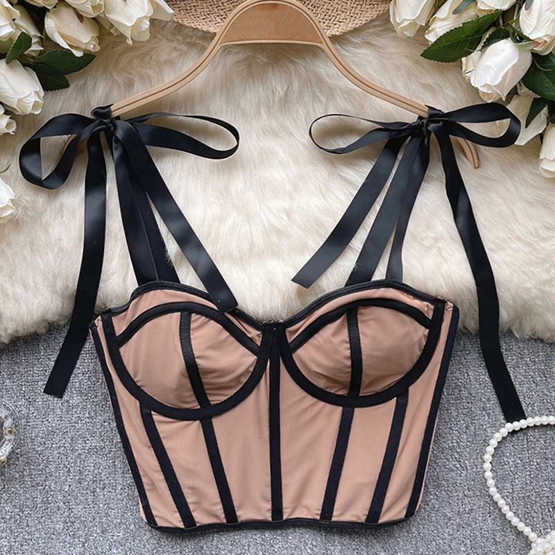 HELIAR Women Summer Lace Up Straps Crop Tops Mesh Patchwork Stripe Sexy Tank Top Beach Camis Streetwear Tube Tops Spring 250523