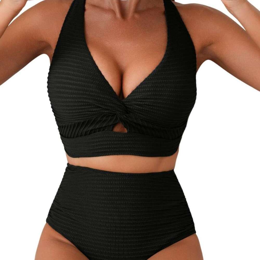 2025 Women's Textured Bikini Set Front Twist Top High Waist Swimsuit for Women