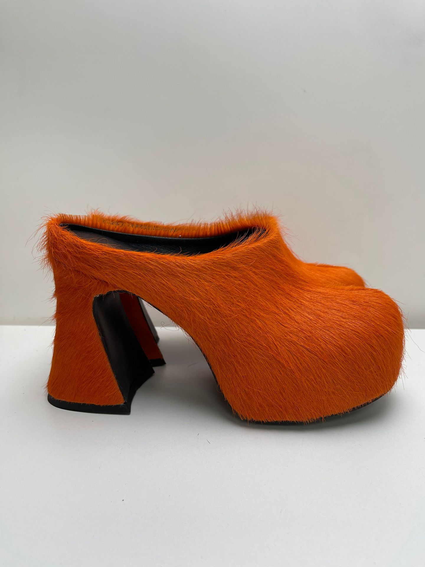 Rose Red Round Toe Horse Hair Hoof Heel Slippers Thick Bottom High Heel Platform Trendy Women's Shoes Spring Mules Large Size