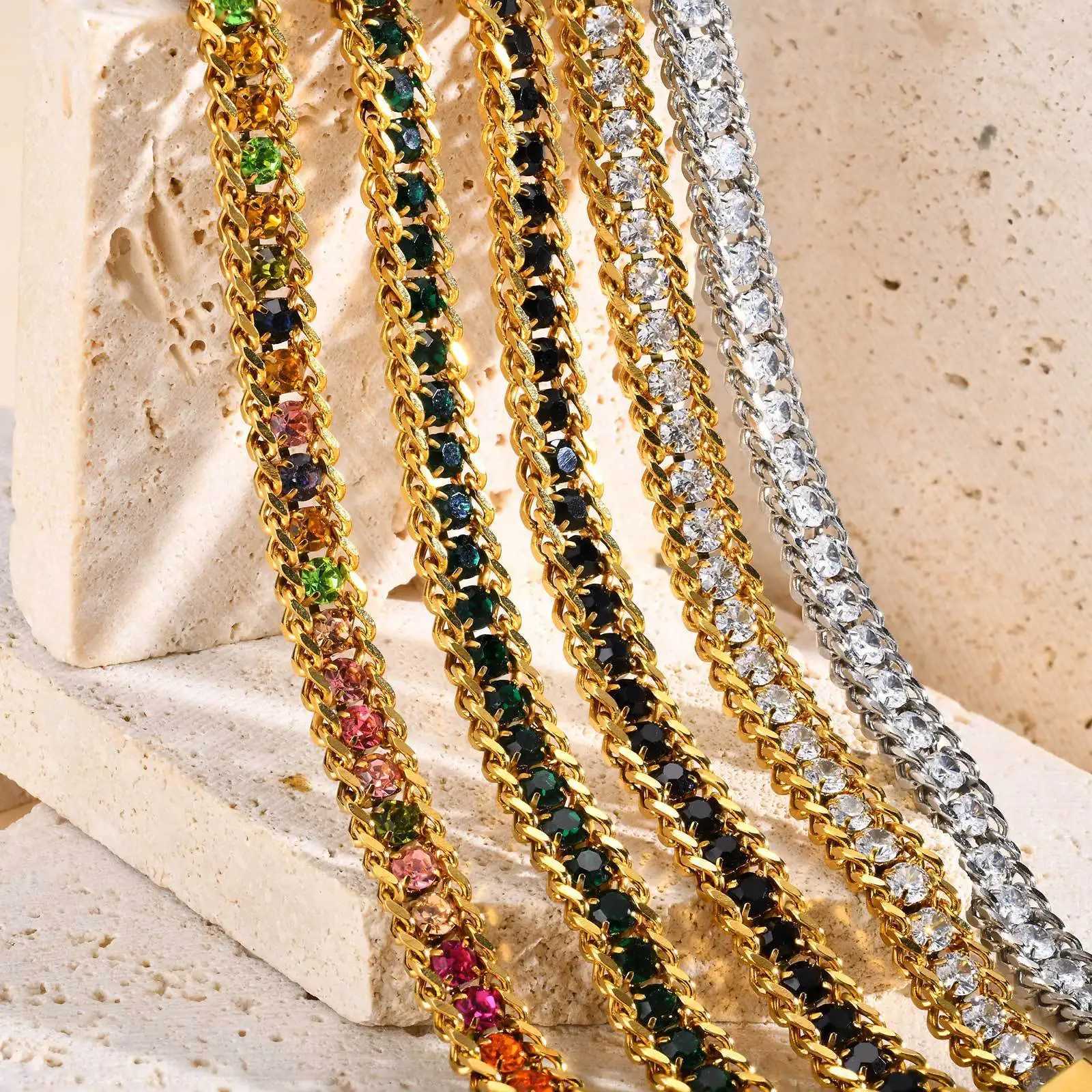 Gold Plated Waterproof Bling Tennis Chain Bracelet for Women Girl stainless steel Cubic Zirconia Chain Bracelet Exquisite Gift W250526