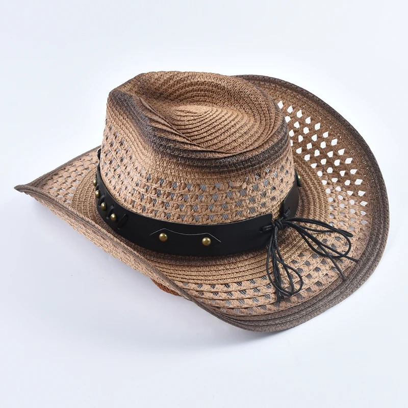 Straw Western Cowboy Hat for Women Men Summer Hollow Out Beach Sun Hats 250526