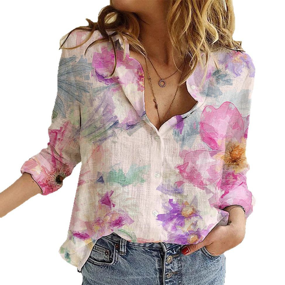 Women's Fashion Gradient Color Printed Women's Shirt Loose Long Sleeve Cardigan Shirt Women's