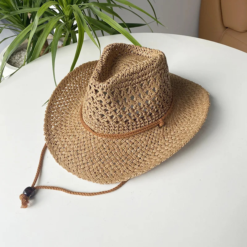 Summer Outdoor Men Women Hand-woven Western Cowboy Paper Straw Hats Wide Brim Breathable Beach Jazz Cap Sun Protection Hat 250526