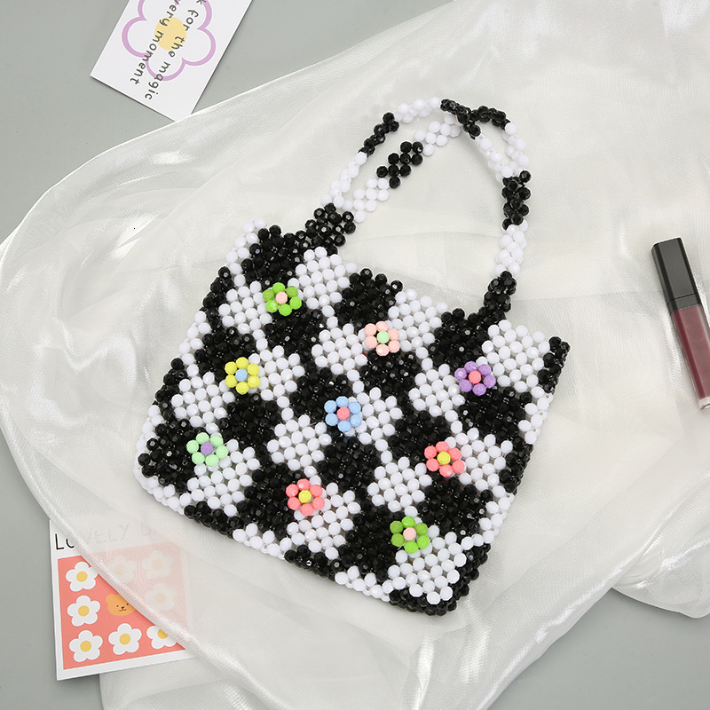 Brand High Quality New Style Creative Color-Block Handheld Pearl and Style Internet Celebrity Handwoven Pearl Woven Tote Elegant Decorative Storage Ne
