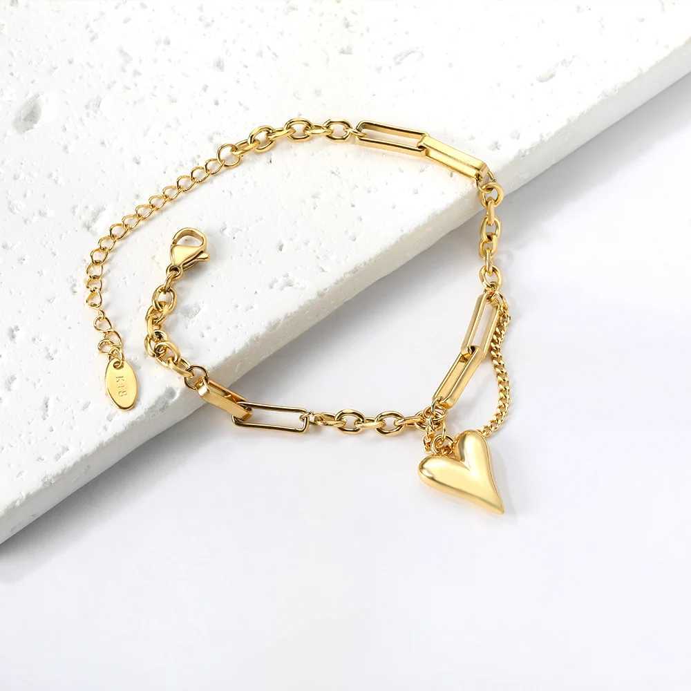 LUXUSTEEL Trendy Stainless Steel Heart Double Layered Bracelet For Women Girls Golden Plated Metal Charm Bangle Korean Jewelry W250526