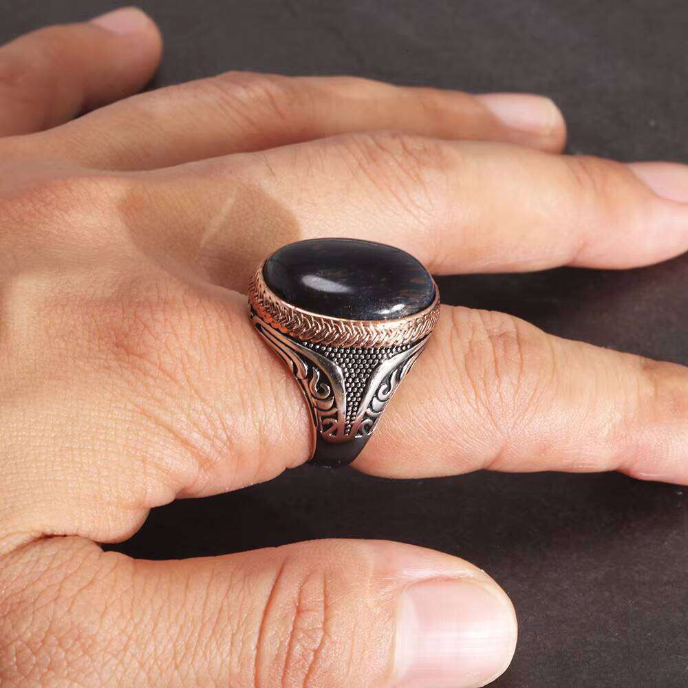 Islamic Religious Muslim Ring for Men Sterling Sier Turkish Double Swords Natural Blue Tiger Eye Punk Wholesale Jewelry