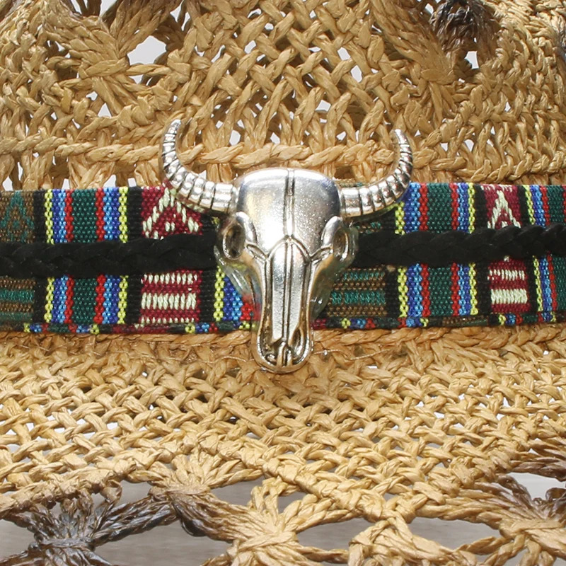 Big Ox Head Belt Hollowed Out Women Men Unisexs Retro Raffia Straw Wide Brim Sun Beach Cowboy Cowgirl Western Hat 58cm 250526