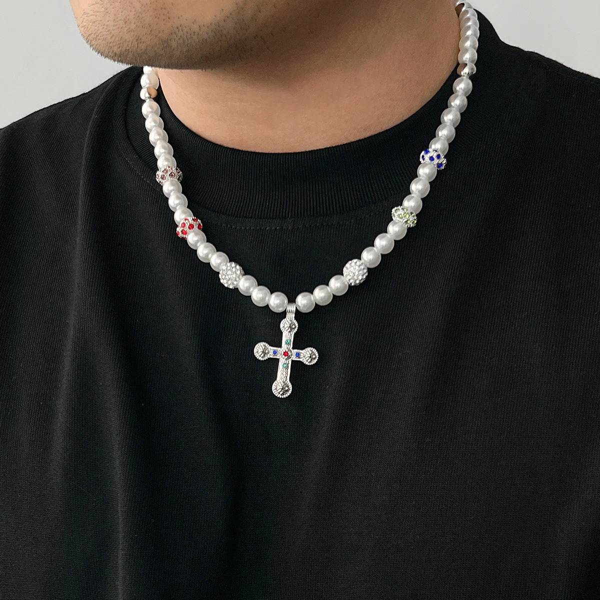 Ingemark Punk Big Cross Jesus Pendant Choker Necklace Men Vintage Pearl Crystal Chain Grunge Jewelry Steampunk Male 250522