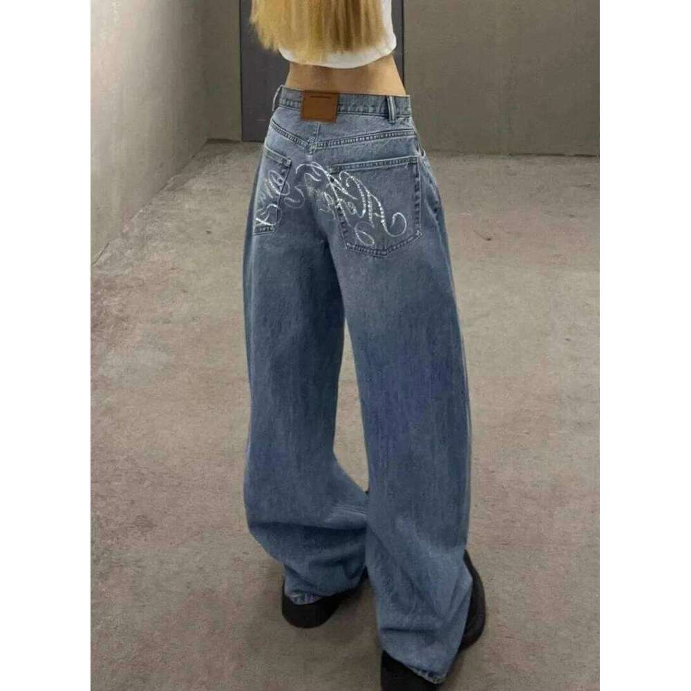 New Haruku Y2K Streetwear Trousers American Retro Letter Rhinestone Jeans Women Hot Sexy Baggy High Waist Scissors Wide Legs