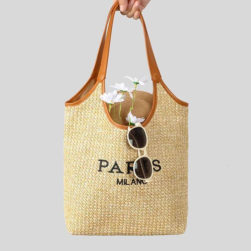 Women's Bags Designer Brand Mother-And-Child Beach High Quality Splicing Letter Printed Shoulder Women Woven Straw Bucket Tote Bag