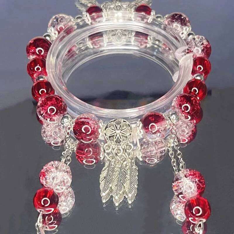 Chinese Style Red Crystal Feather Cross Pendant For Girls Women Vintage Elastic Beaded Chain Bracelet Jewelry Gifts designer bag