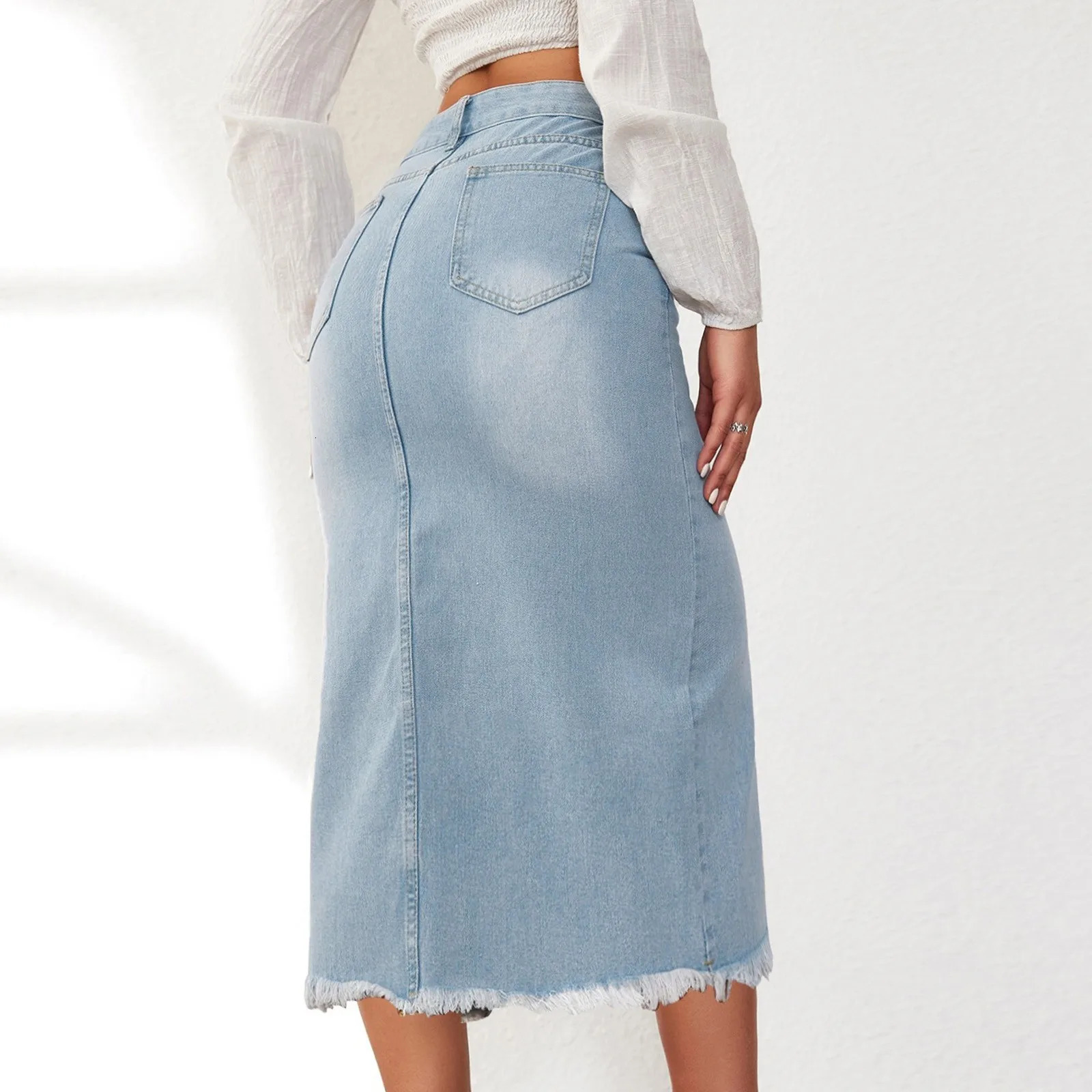 Women Mid Length Jean Skirt With Pockets High Waist Front Split Bodycon Striaght Skirts Washed Light Color 250516Z