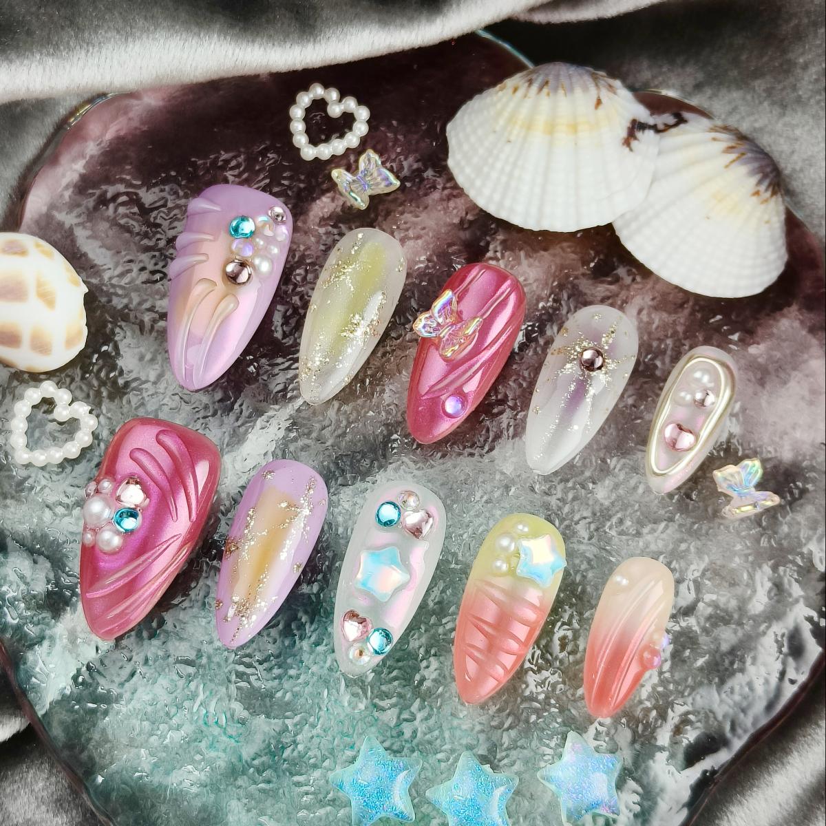 10pcs Handmade Press-on nails Medium Almond Nails Bundle Handraw 3D Ocean Collection Colorful Diamond Finished nail stickers Free storage box jelly gl