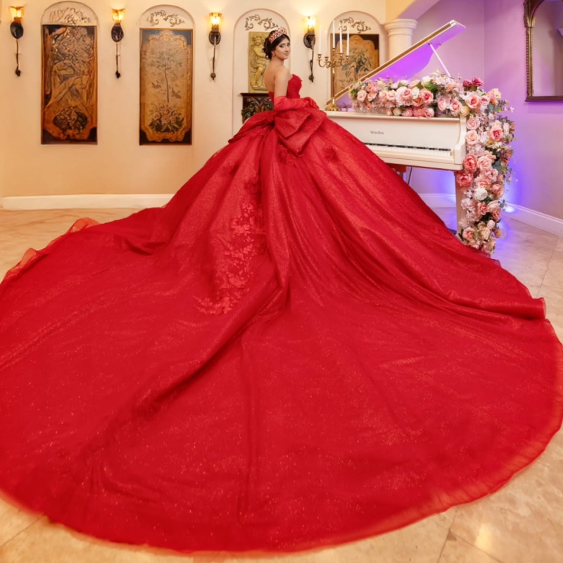 Red Shiny Quinceanera Dresses Ball Gown Off The Shoulder Applique Lace Beading Bow Tull Party Birthday Sweet 16 Dress Vestidos 15 Anos