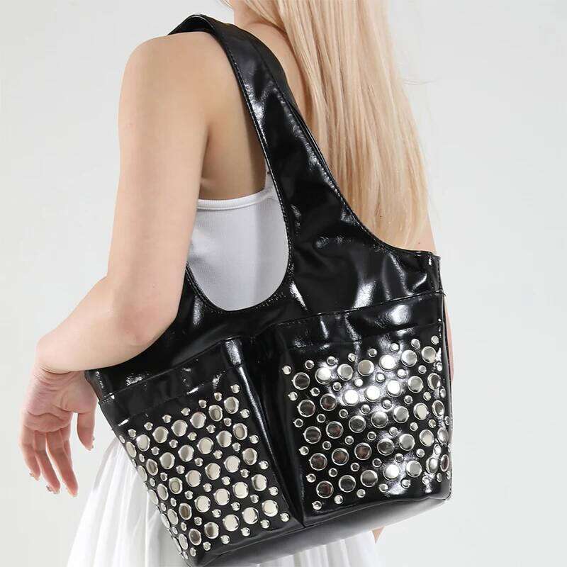Women's Bags Designer Patent Leather Ladies Motorcycle Style Shiny Shoulder Popular Underarm Travel Large Capacity Rivet Roomy Tote Bag
